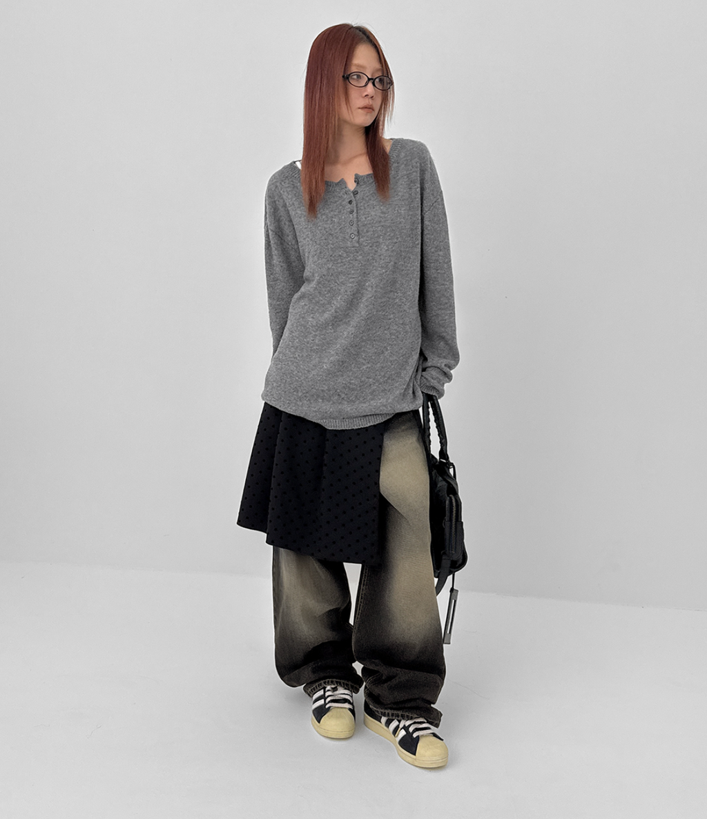 韓國 BLACKUP oversied 寬鬆亨利領 針織衫