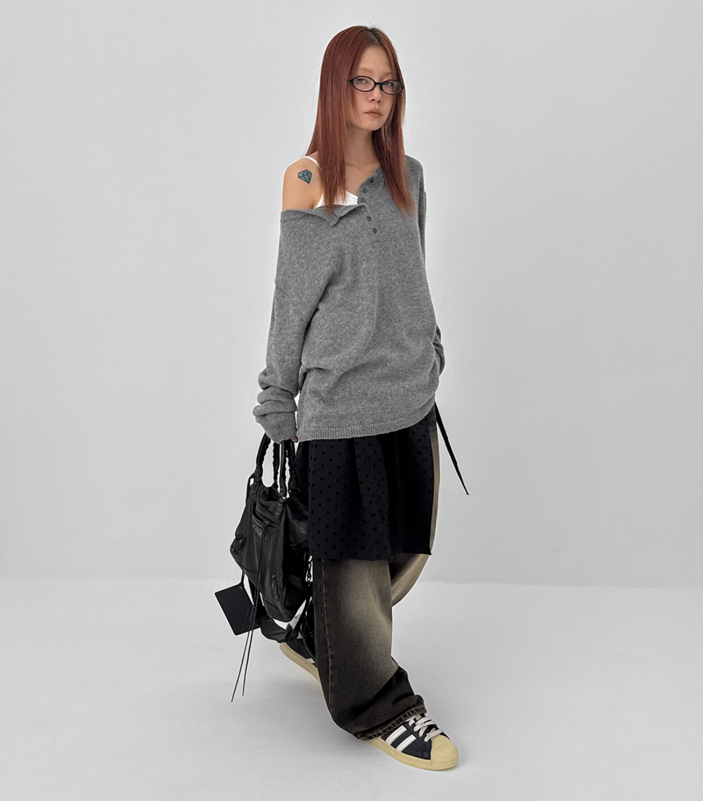 韓國 BLACKUP oversied 寬鬆亨利領 針織衫