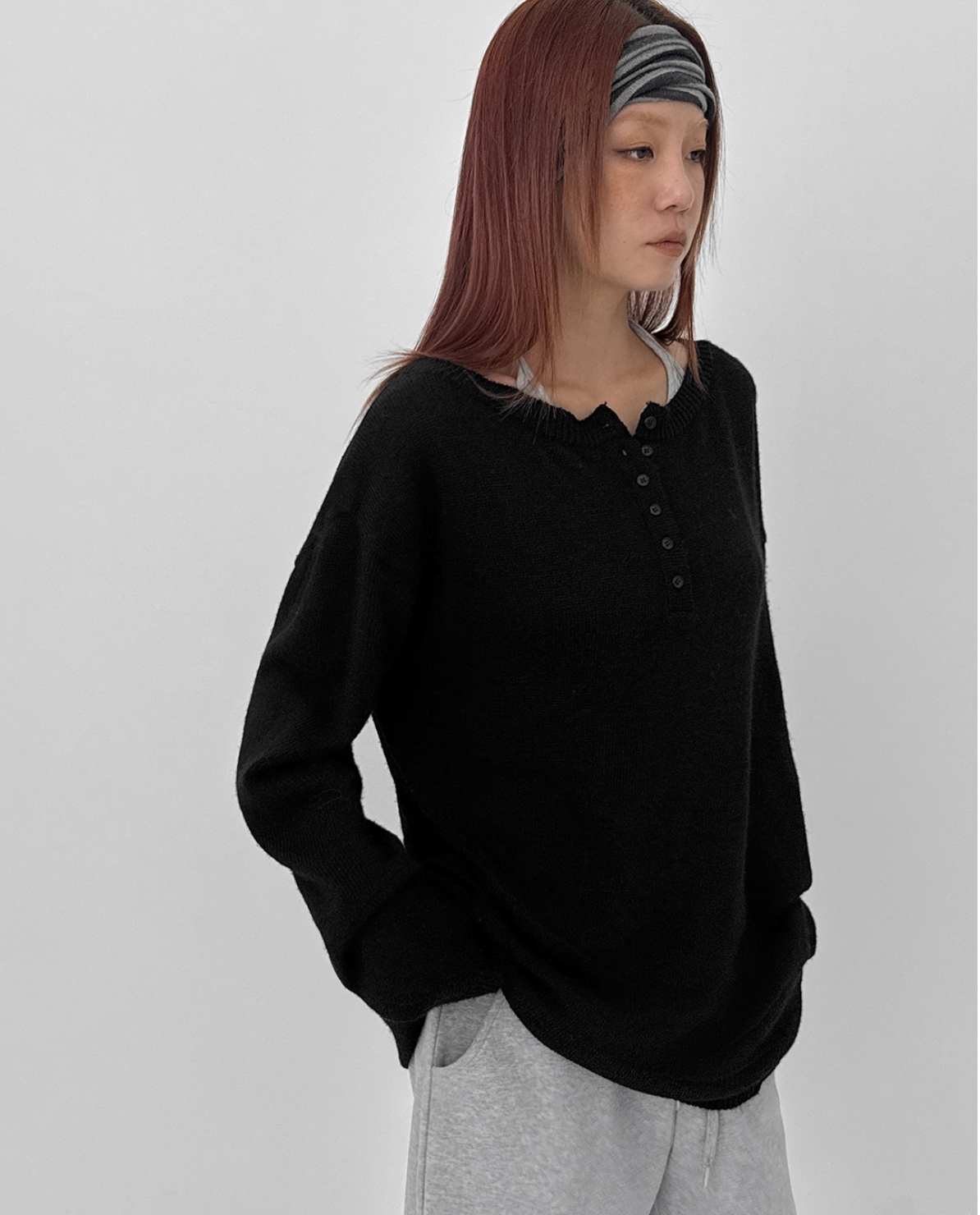 韓國 BLACKUP oversied 寬鬆亨利領 針織衫