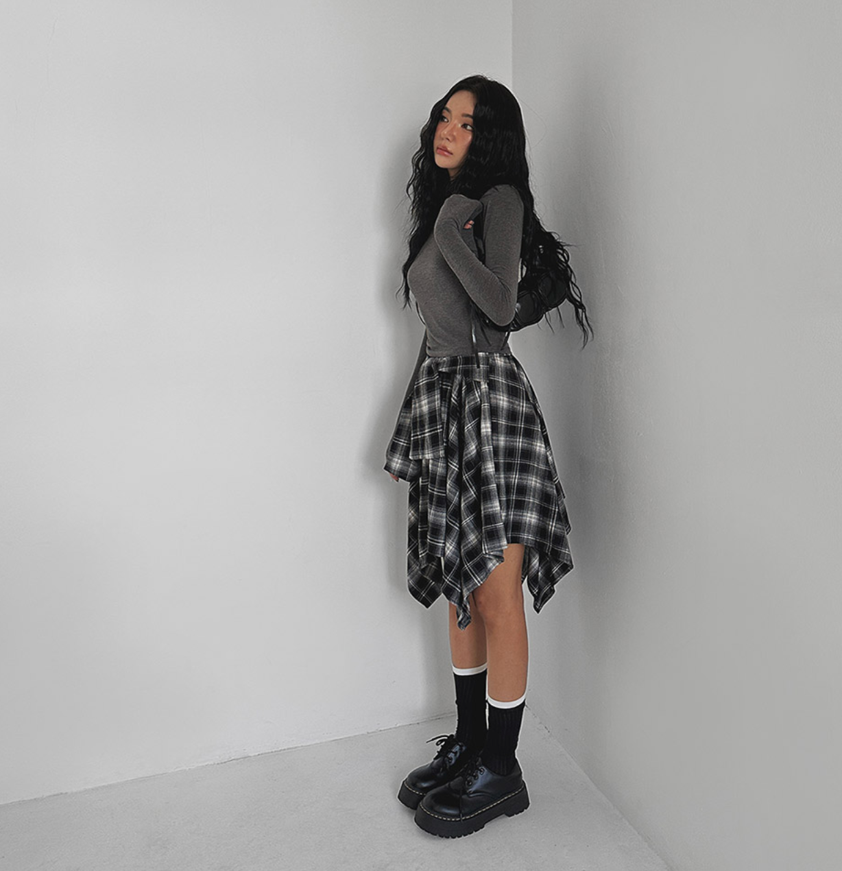 韓國 streets lagirl 鬆緊腰圍 襯衫式 英式格紋 短裙