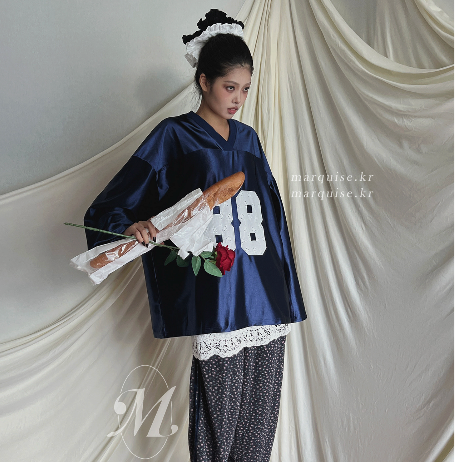 韓國 Marquise oversized蕾絲刺繡 88 紀念球衣 長Tee