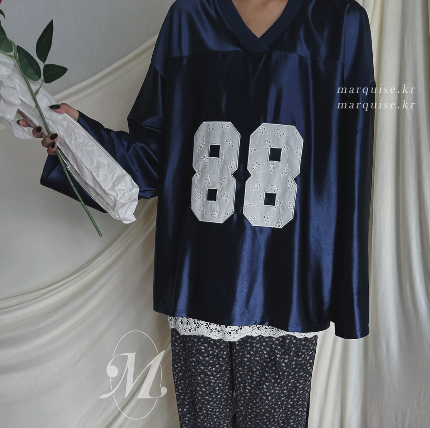 韓國 Marquise oversized蕾絲刺繡 88 紀念球衣 長Tee