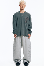 🇰🇷 韓國EASY NO EASY 十字架 水晶 刺繡 寬褲