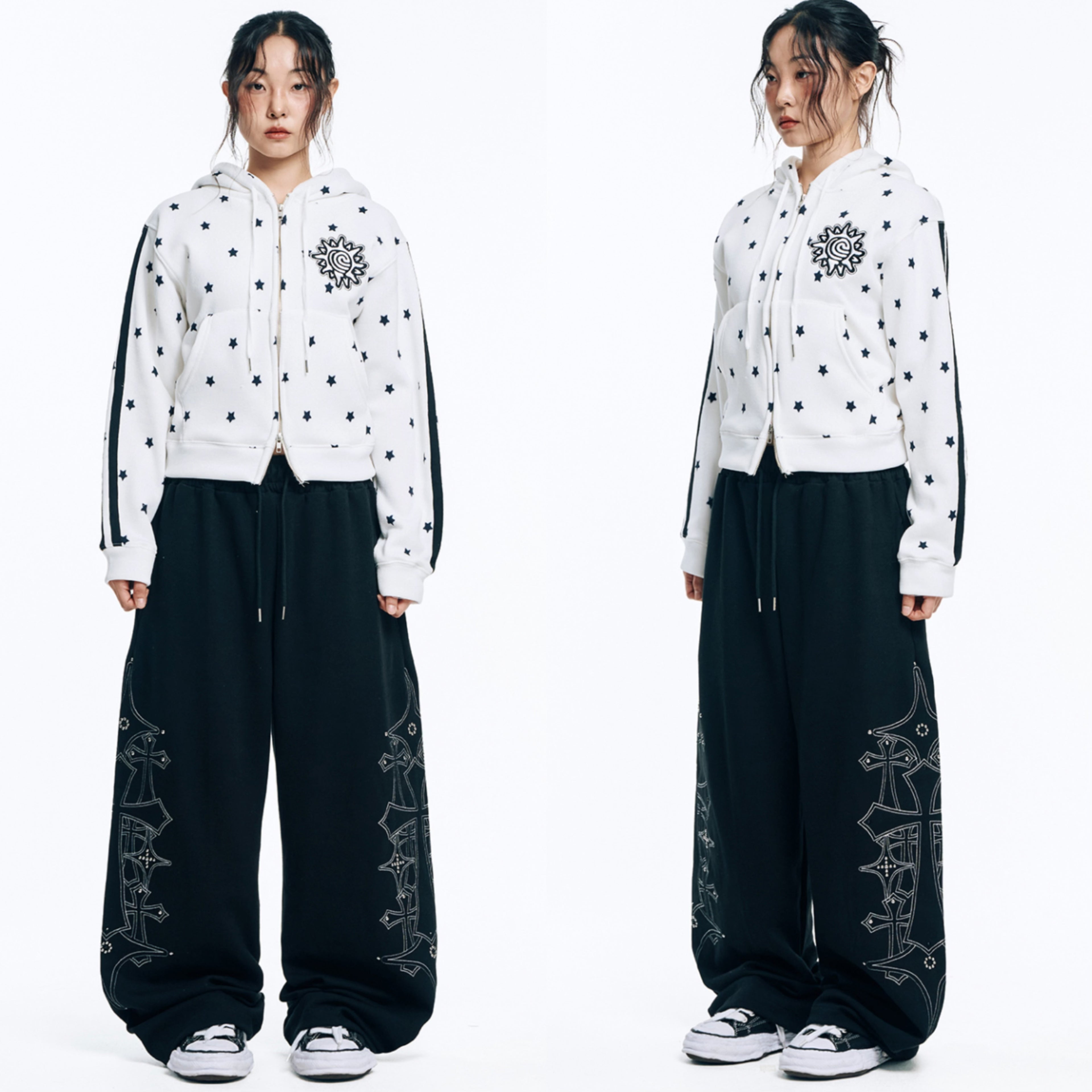 🇰🇷 韓國EASY NO EASY 十字架 水晶 刺繡 寬褲