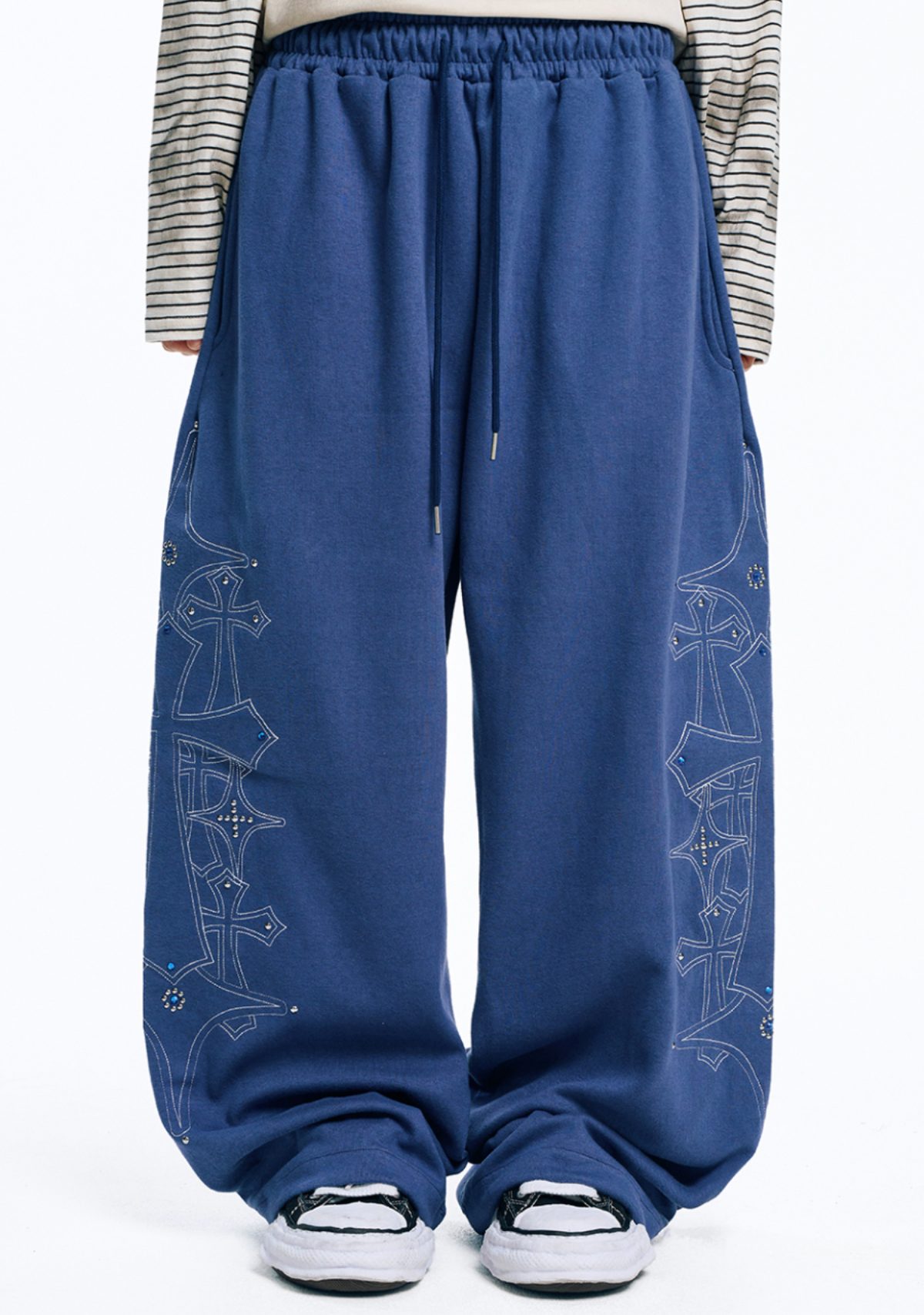 🇰🇷 韓國EASY NO EASY 十字架 水晶 刺繡 寬褲