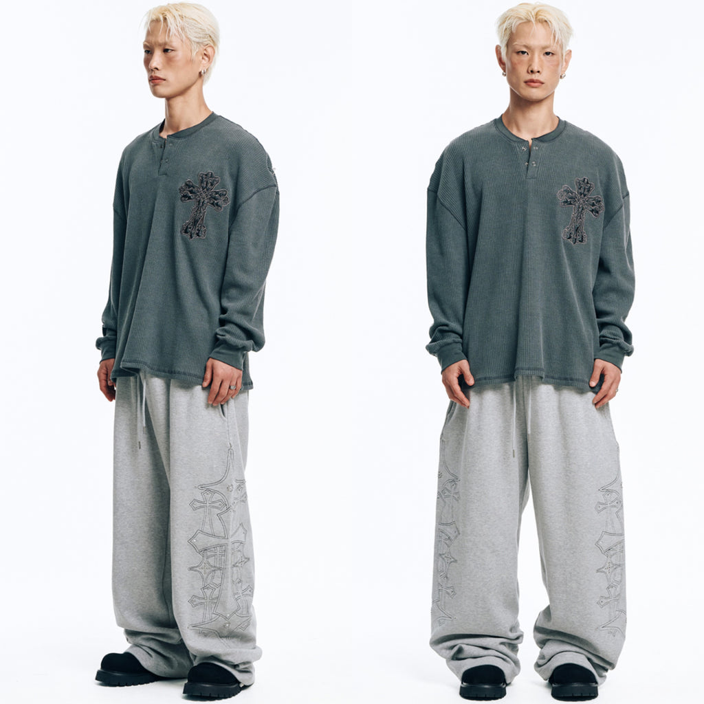 🇰🇷 韓國EASY NO EASY 十字架 水晶 刺繡 寬褲