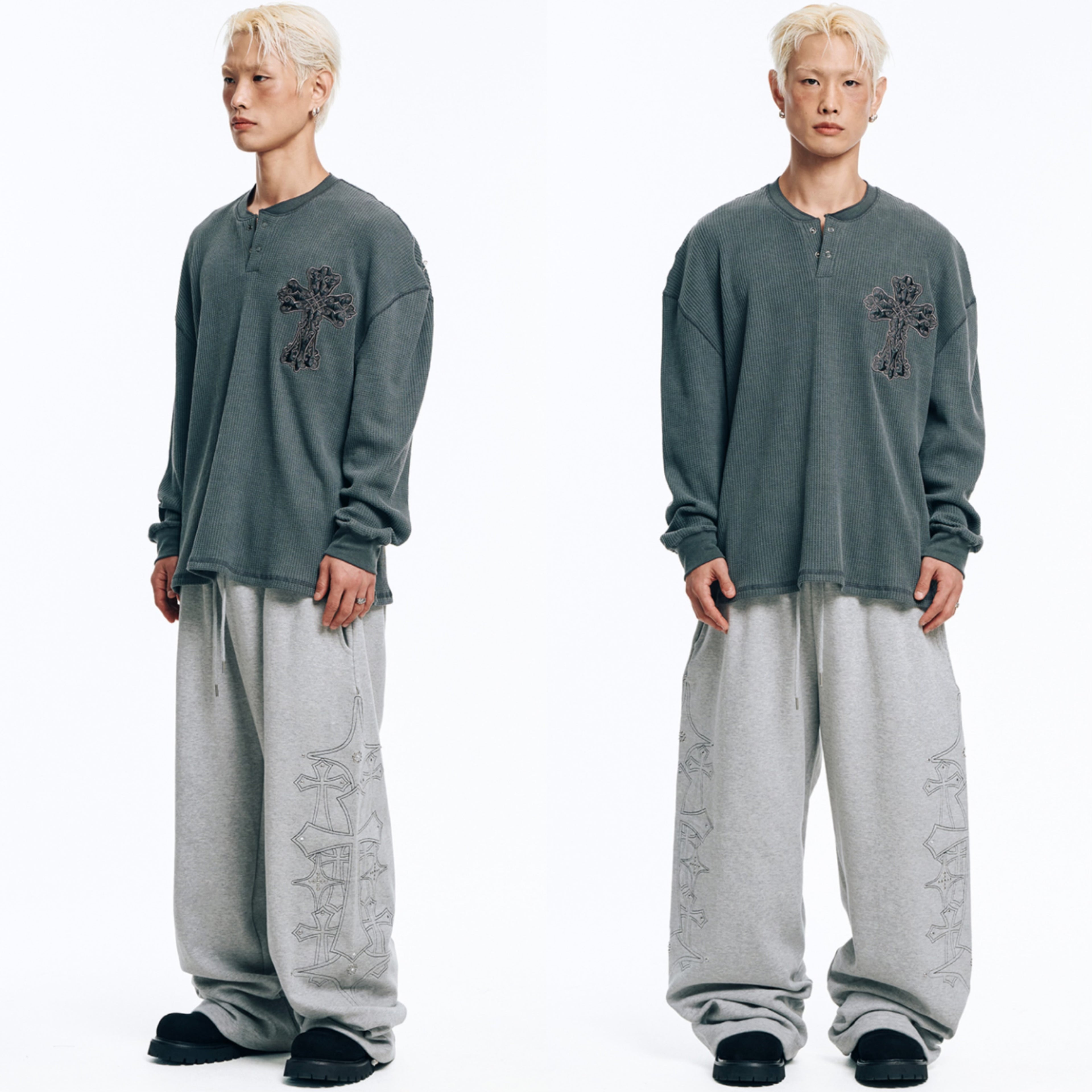 🇰🇷 韓國EASY NO EASY 十字架 水晶 刺繡 寬褲