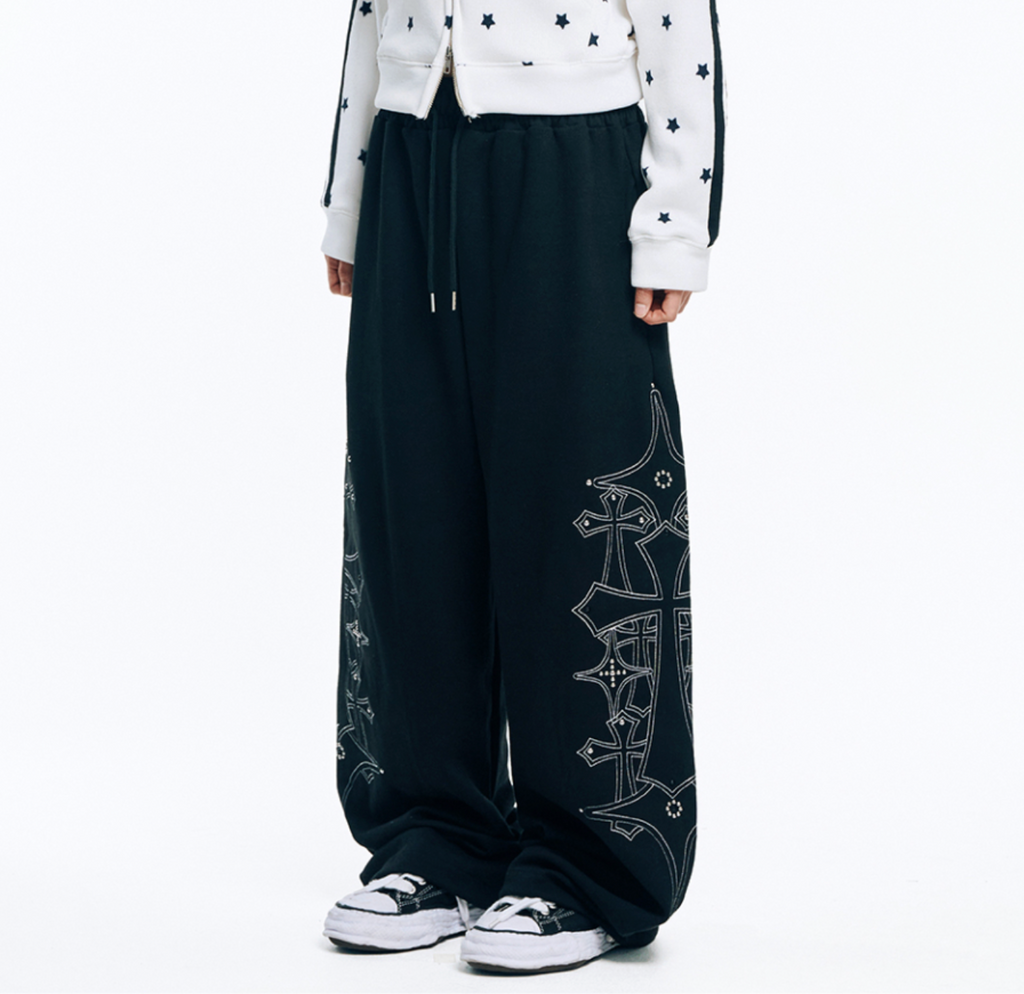 🇰🇷 韓國EASY NO EASY 十字架 水晶 刺繡 寬褲