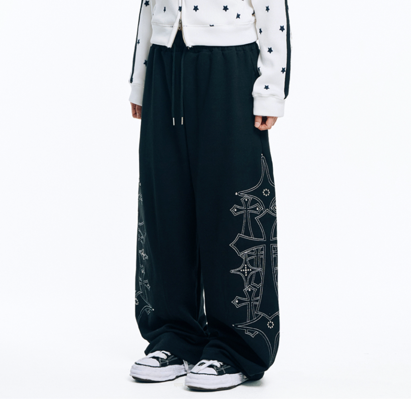 🇰🇷 韓國EASY NO EASY 十字架 水晶 刺繡 寬褲