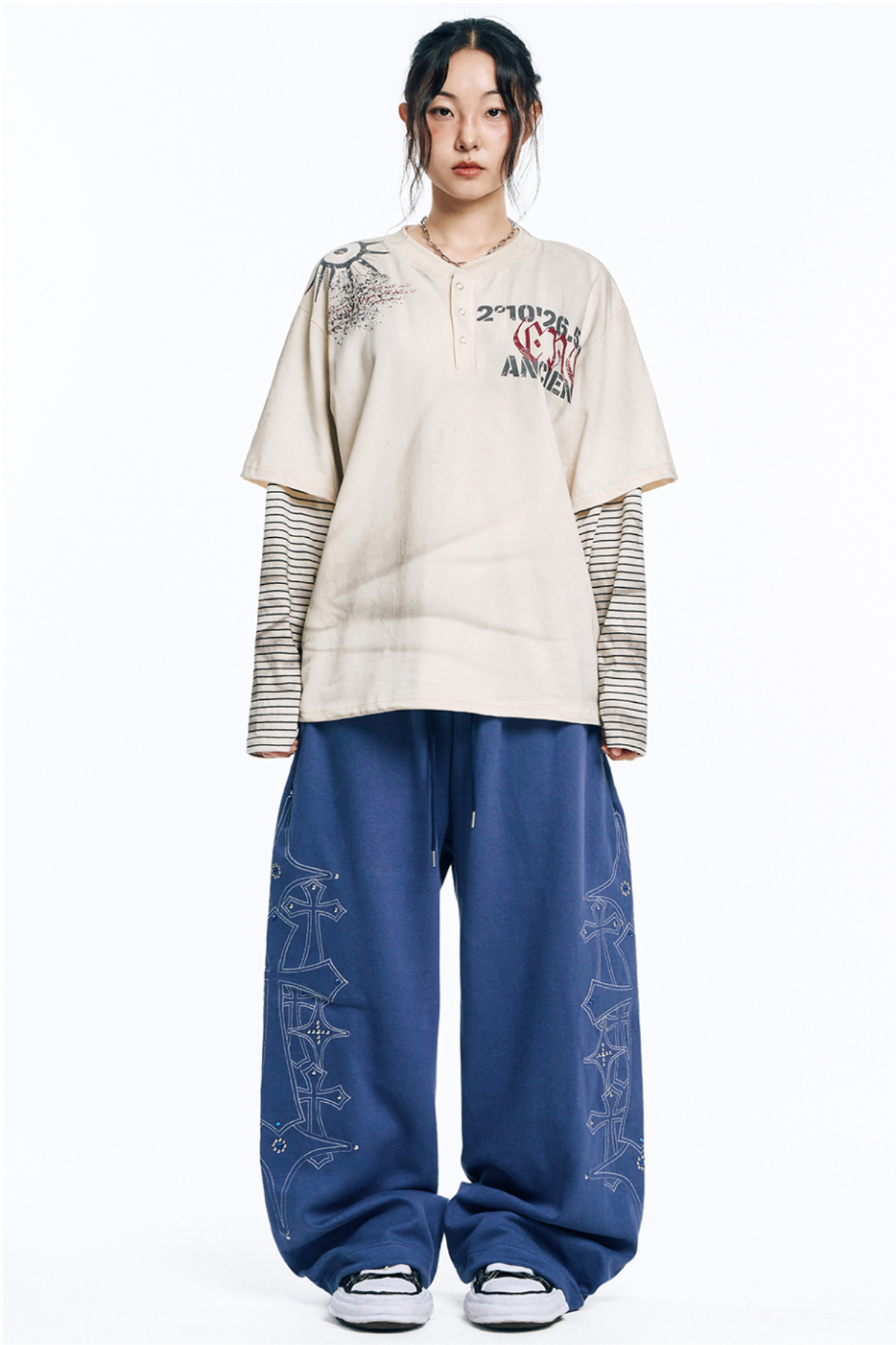 🇰🇷 韓國EASY NO EASY 十字架 水晶 刺繡 寬褲