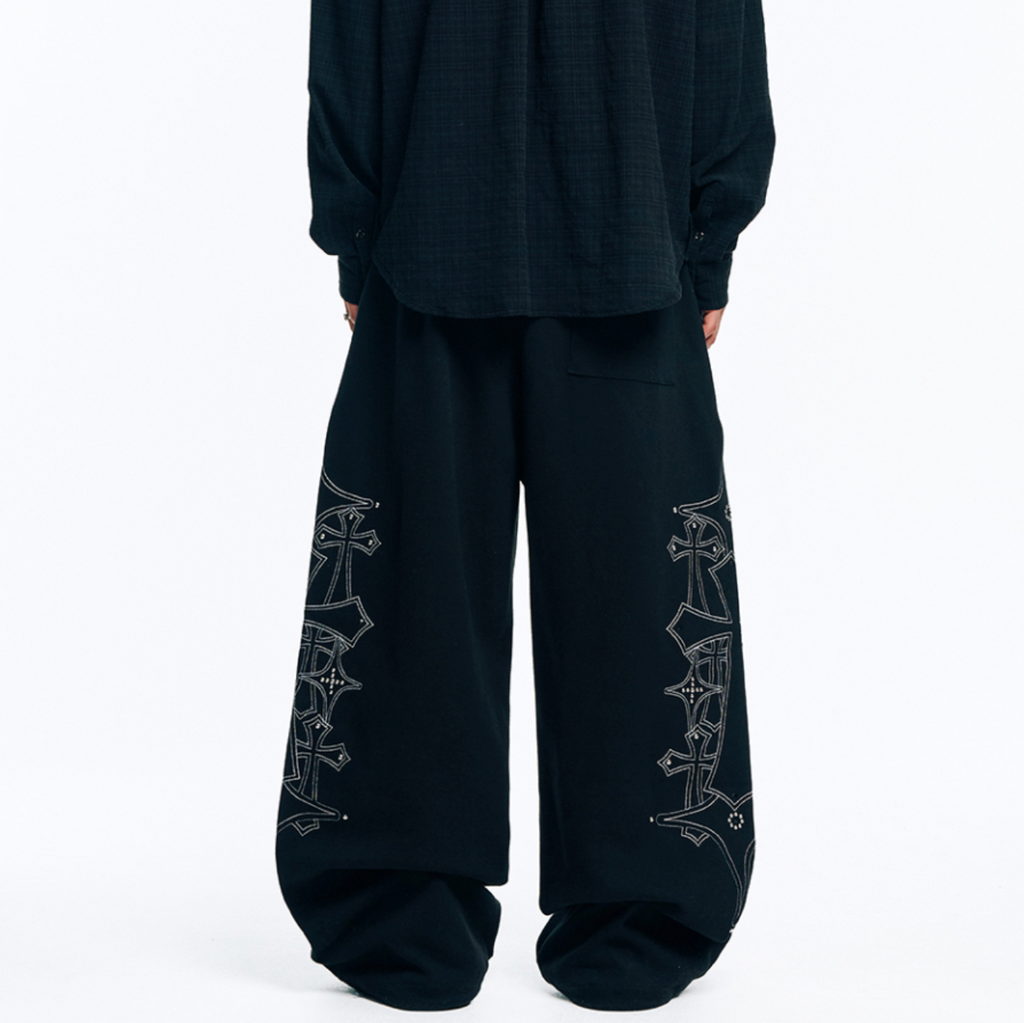 🇰🇷 韓國EASY NO EASY 十字架 水晶 刺繡 寬褲