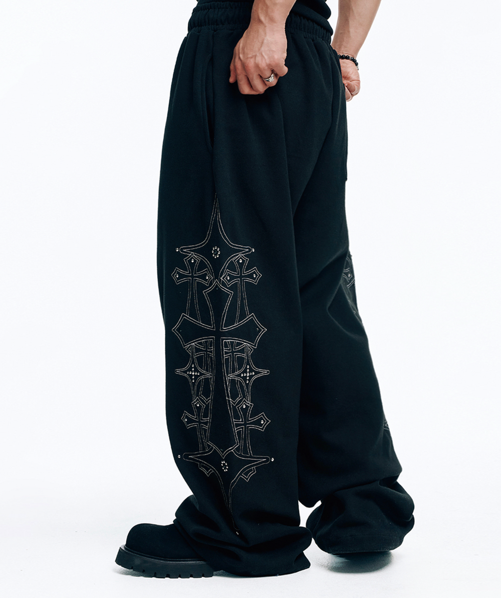 🇰🇷 韓國EASY NO EASY 十字架 水晶 刺繡 寬褲