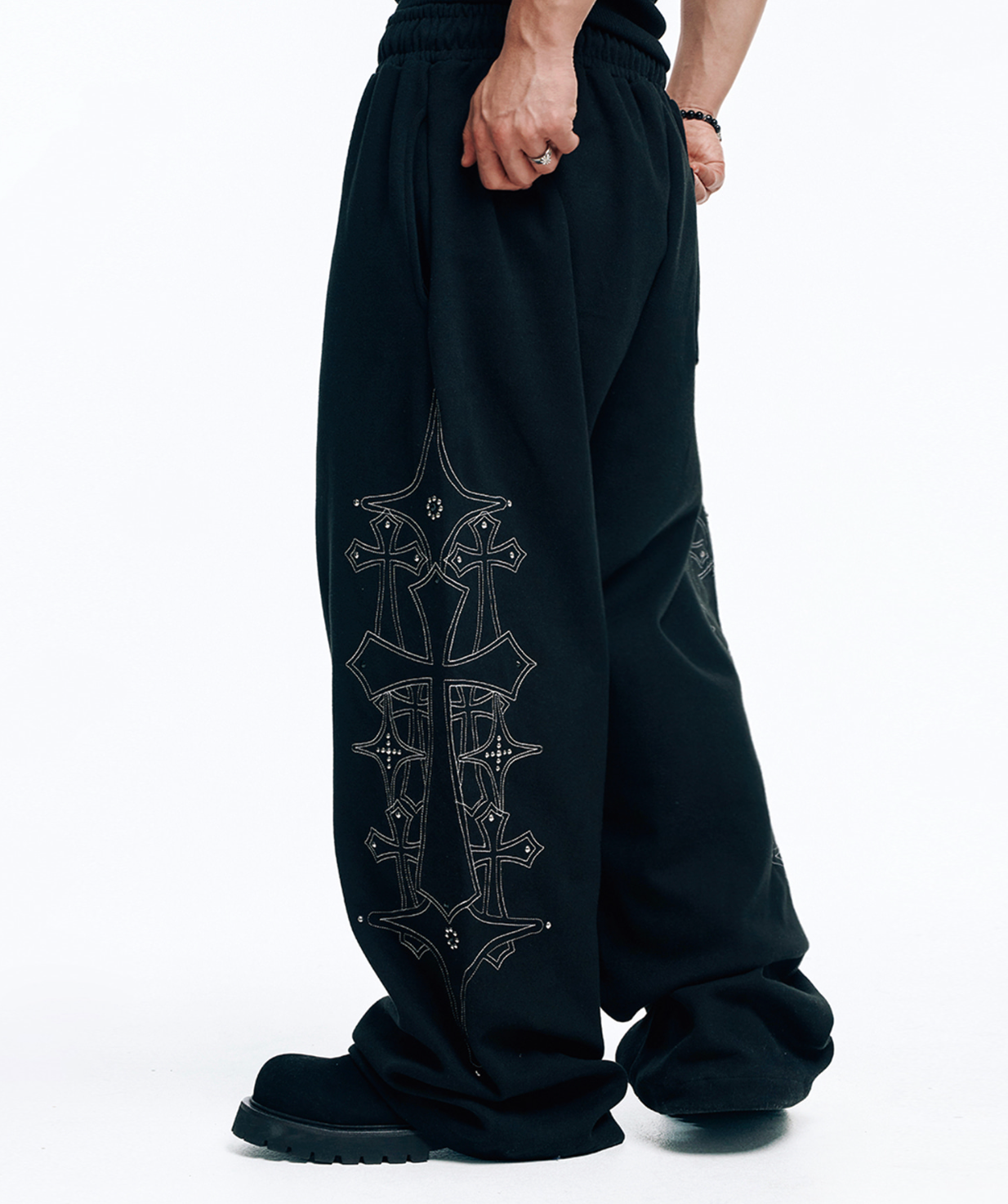 🇰🇷 韓國EASY NO EASY 十字架 水晶 刺繡 寬褲