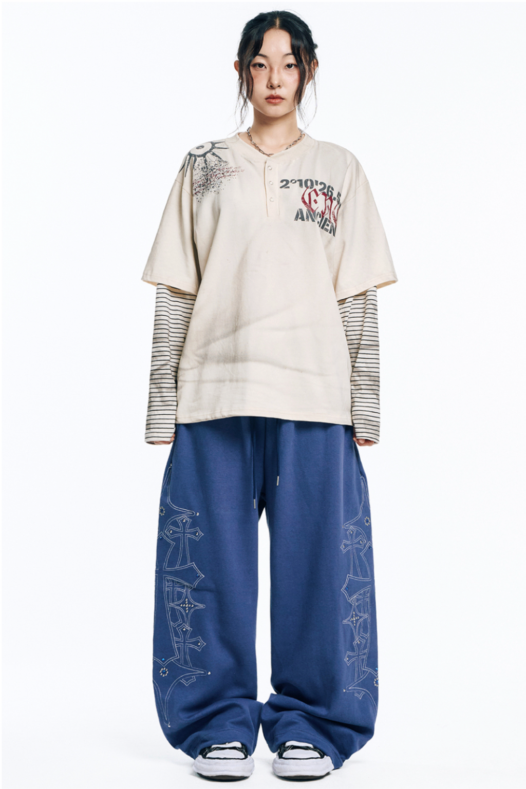 🇰🇷 韓國EASY NO EASY 十字架 水晶 刺繡 寬褲