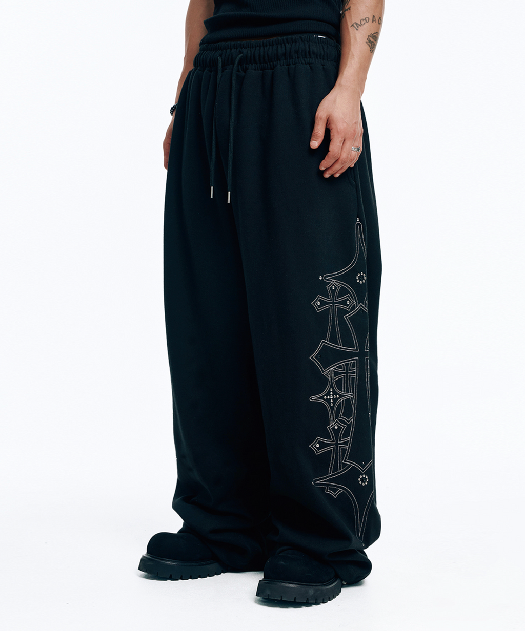 🇰🇷 韓國EASY NO EASY 十字架 水晶 刺繡 寬褲