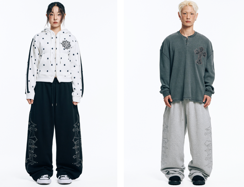 🇰🇷 韓國EASY NO EASY 十字架 水晶 刺繡 寬褲