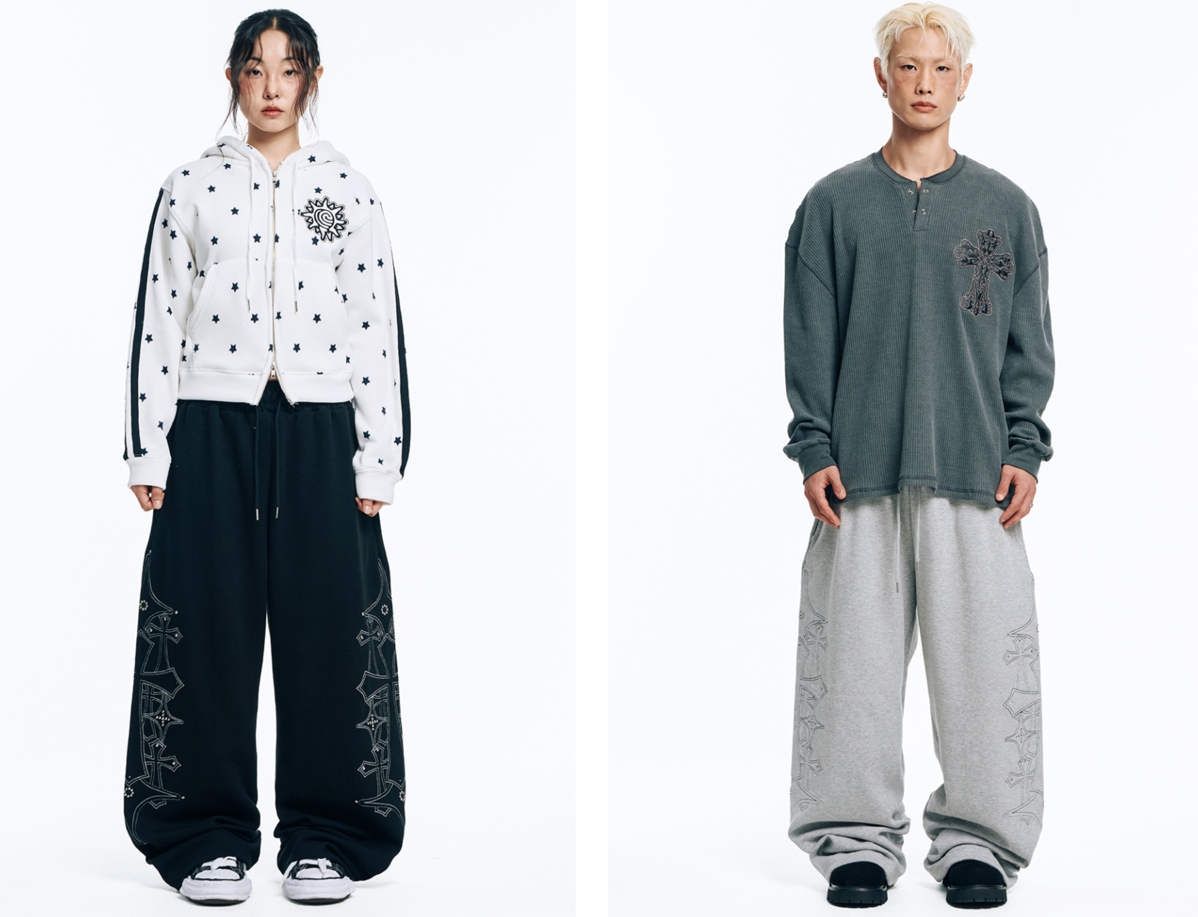 🇰🇷 韓國EASY NO EASY 十字架 水晶 刺繡 寬褲