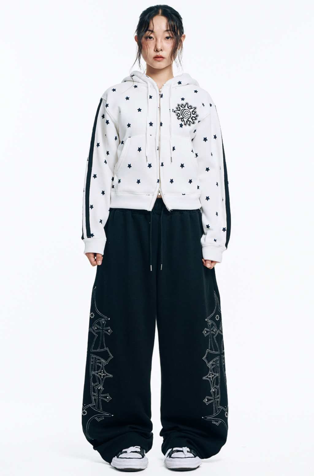 🇰🇷 韓國EASY NO EASY 十字架 水晶 刺繡 寬褲