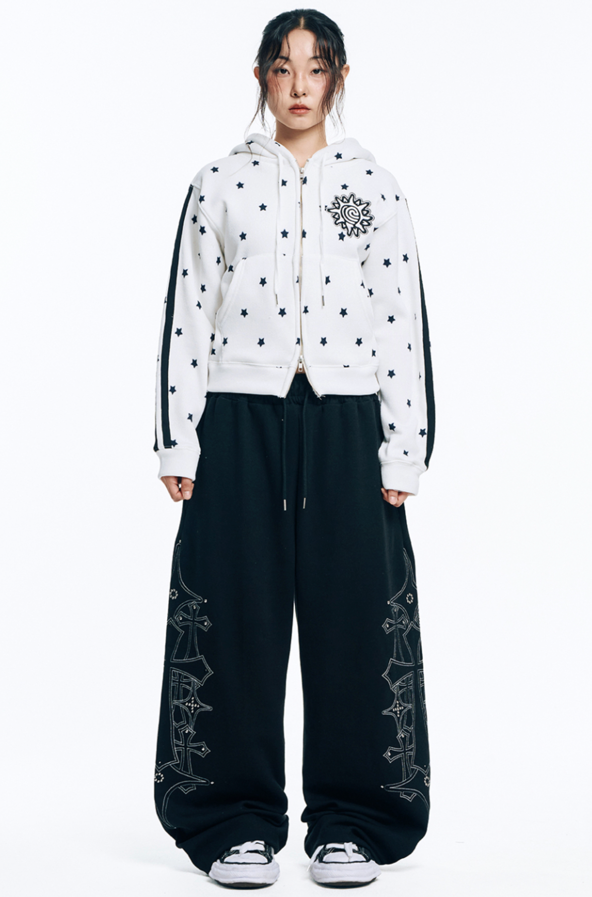 🇰🇷 韓國EASY NO EASY 十字架 水晶 刺繡 寬褲