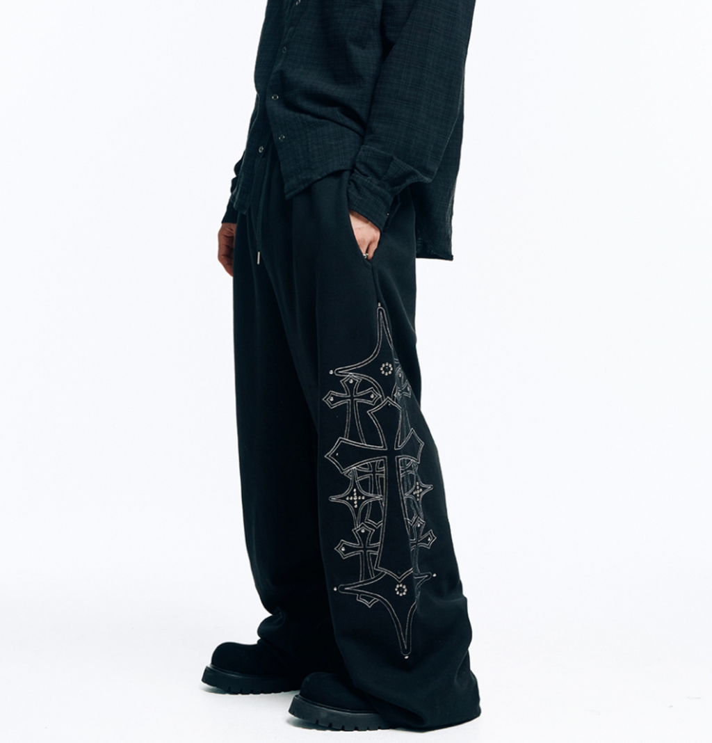 🇰🇷 韓國EASY NO EASY 十字架 水晶 刺繡 寬褲